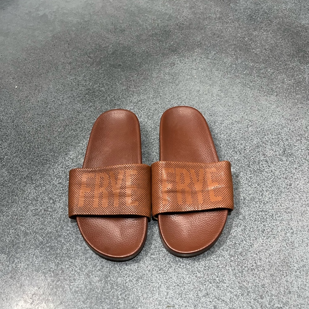 Frye perf logo leather slides